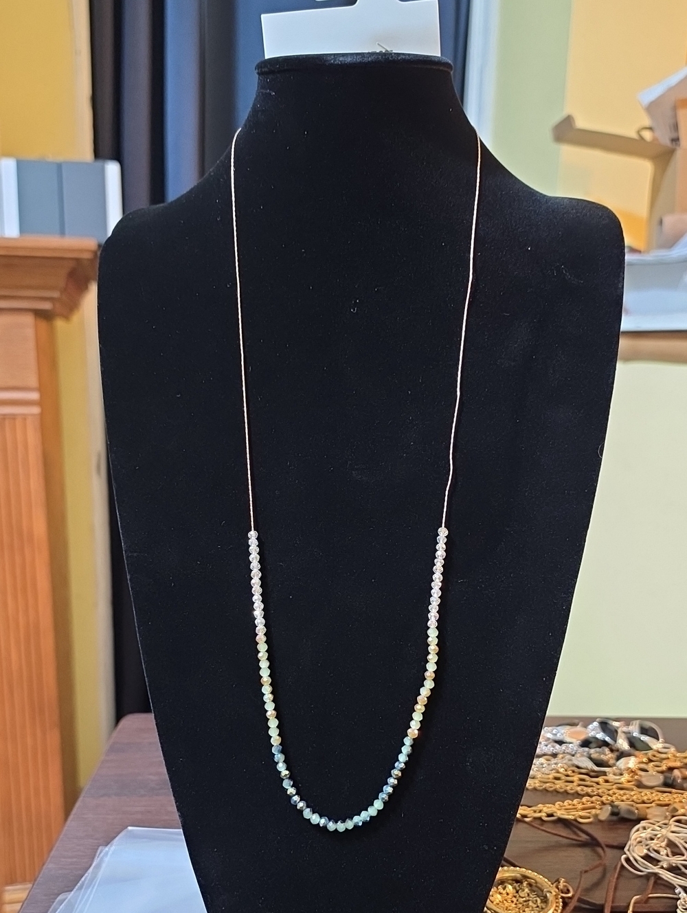 A196- Nine West Long Multicolor Bead Necklace with Gold-Tone Chain